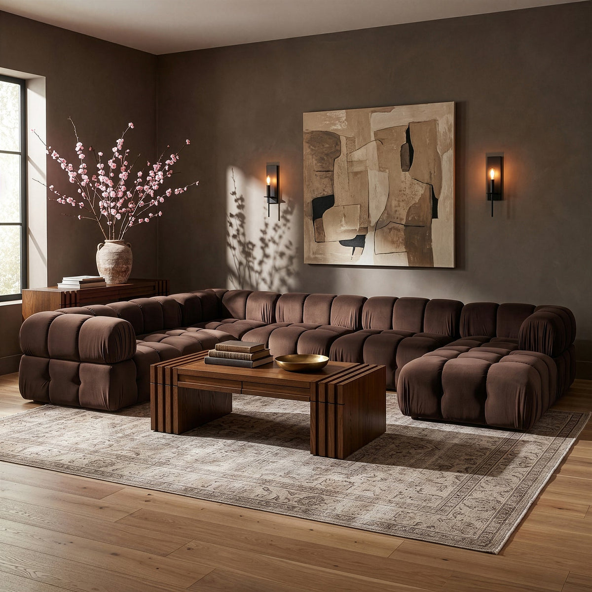 Orin Brown Velvet Performance Fabric Upholstered 7 Piece Modular Sectional Sofa