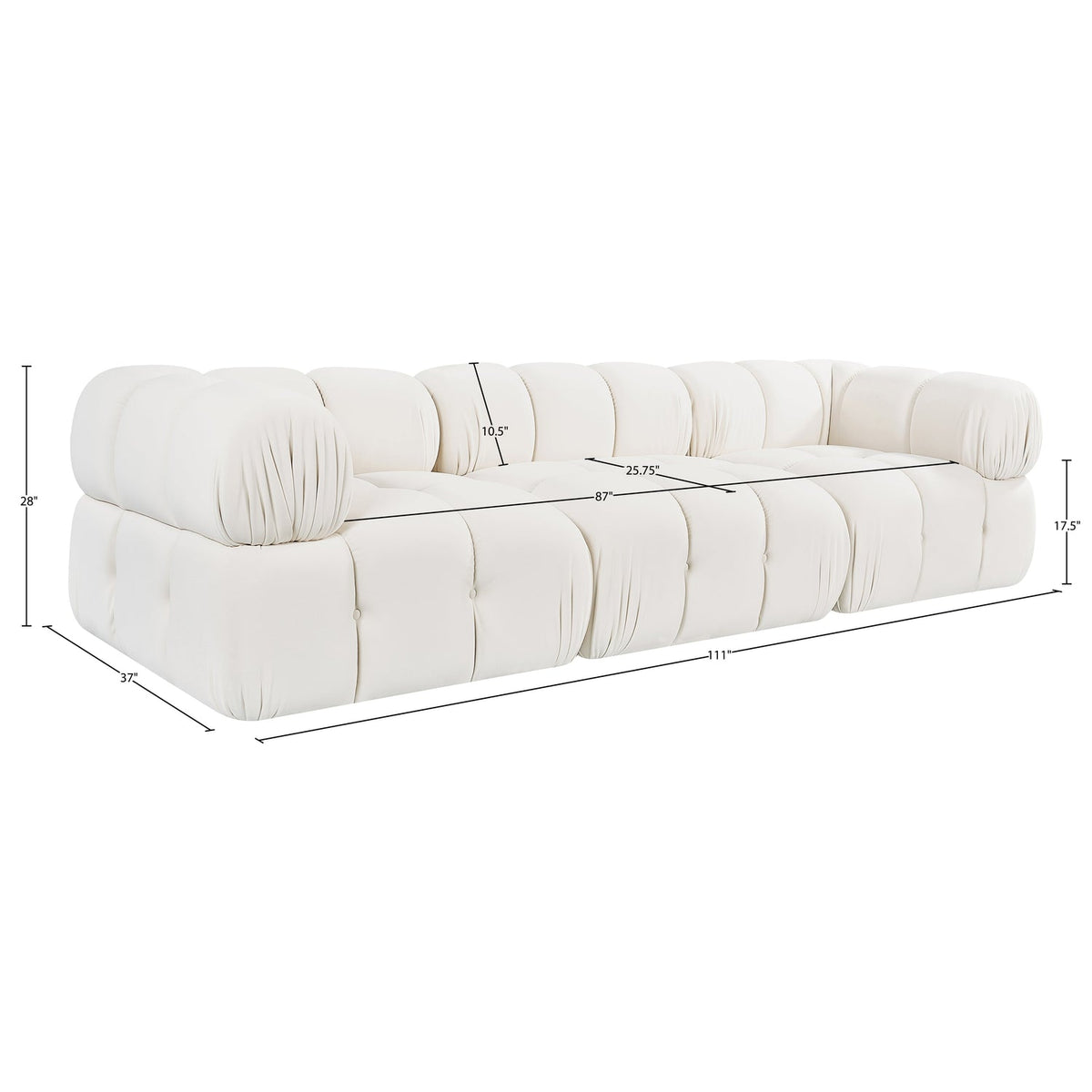 Orin Cream Velvet Performance Fabric Upholstered 3 Piece Modular Sofa