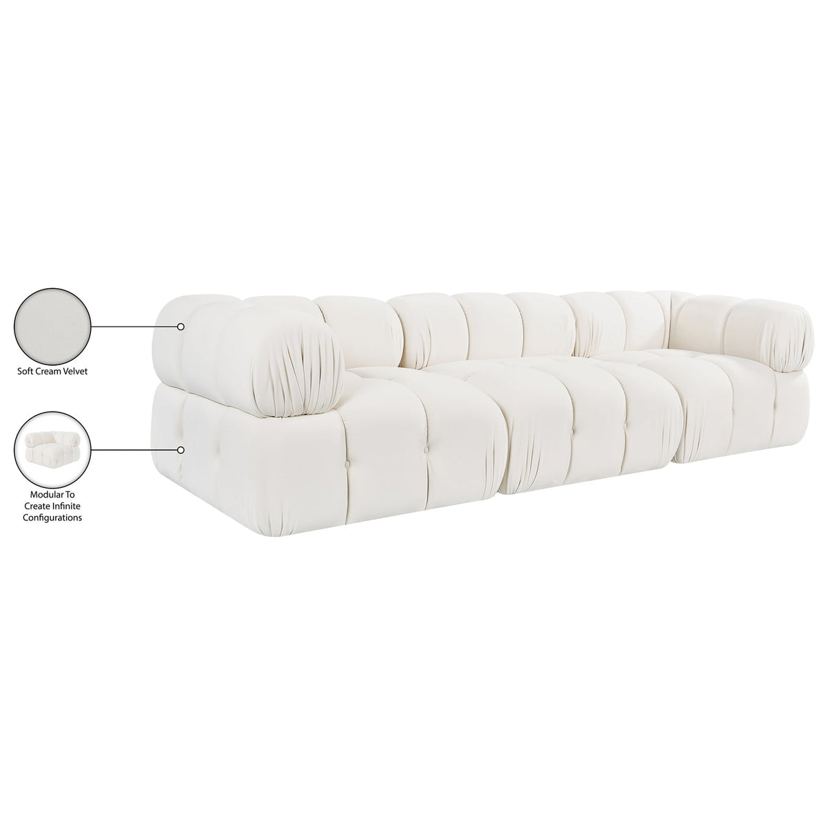 Orin Cream Velvet Performance Fabric Upholstered 3 Piece Modular Sofa