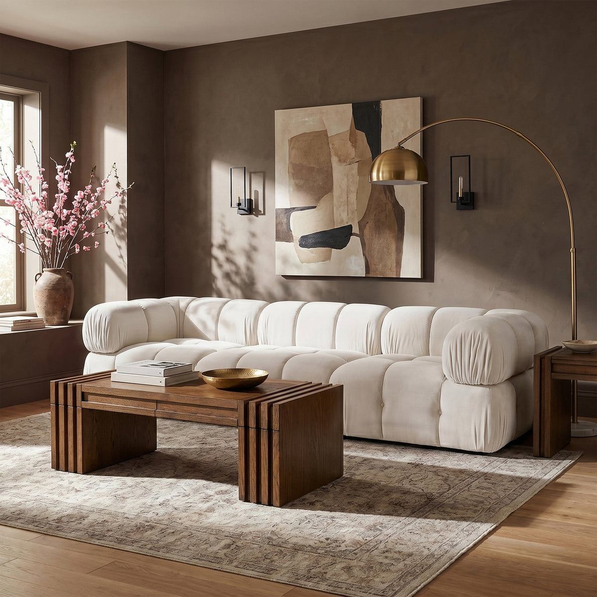 Orin Cream Velvet Performance Fabric Upholstered 3 Piece Modular Sofa