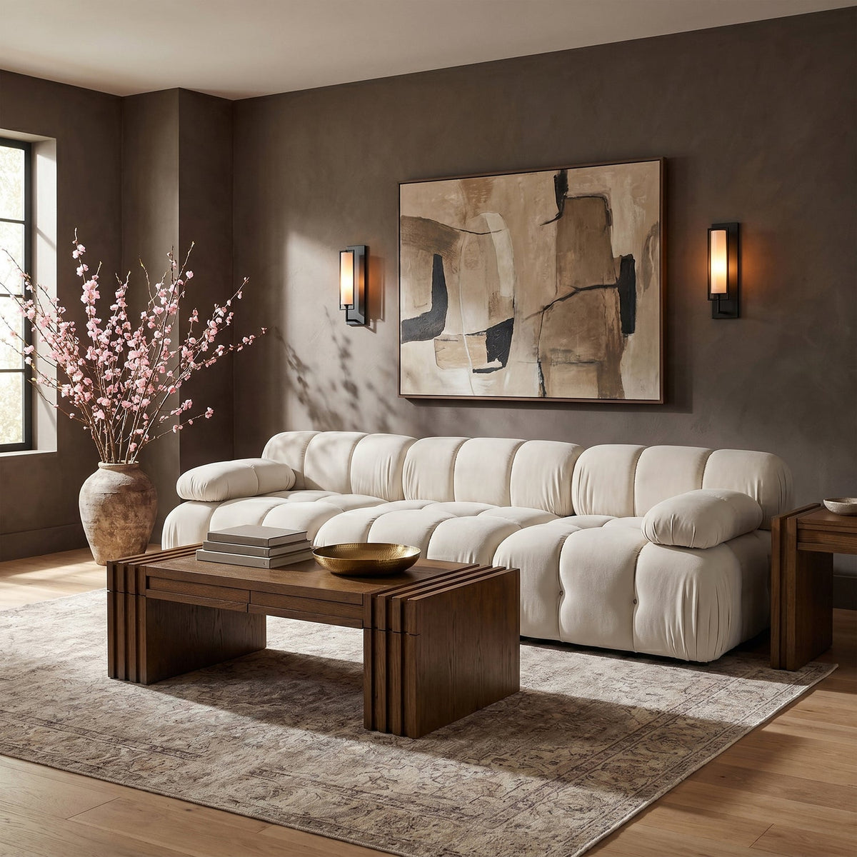 Orin Cream Velvet Performance Fabric Upholstered 3 Piece Modular Sofa