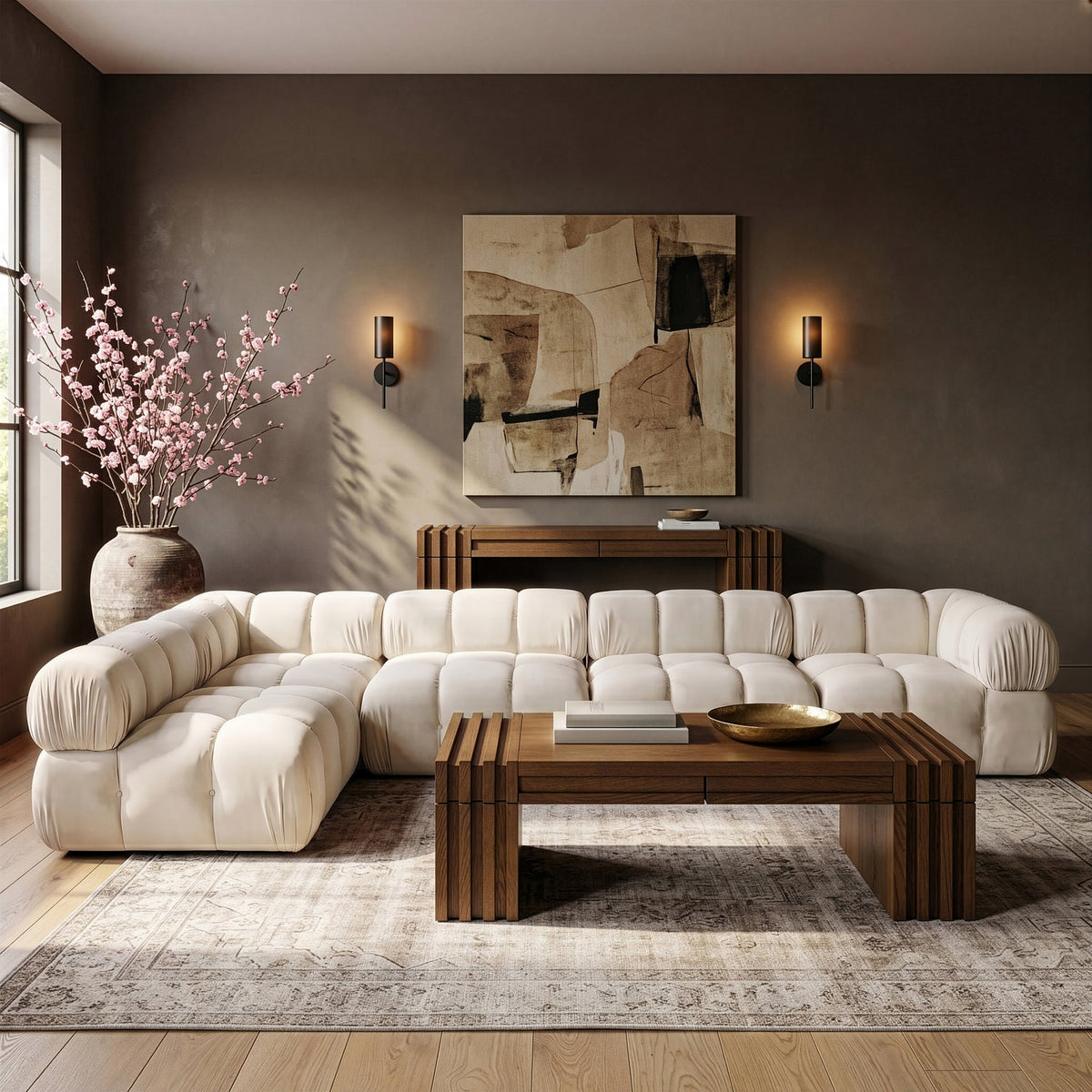 Orin Cream Velvet Performance Fabric Upholstered 5 Piece Modular Sectional Sofa