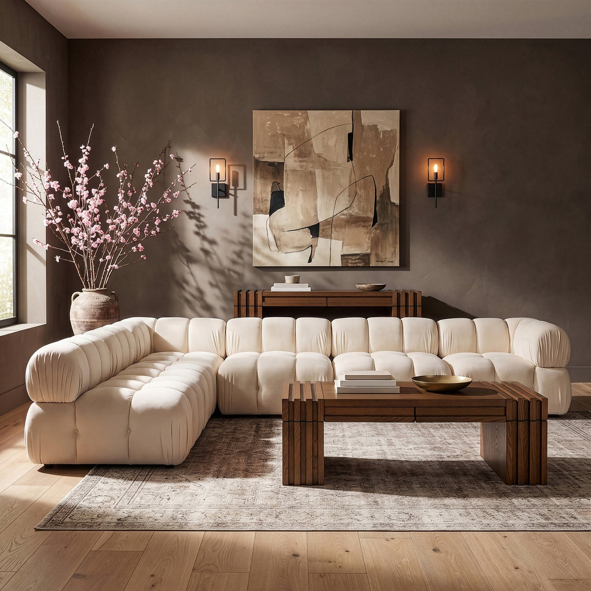 Orin Cream Velvet Performance Fabric Upholstered 6 Piece Modular Sectional Sofa