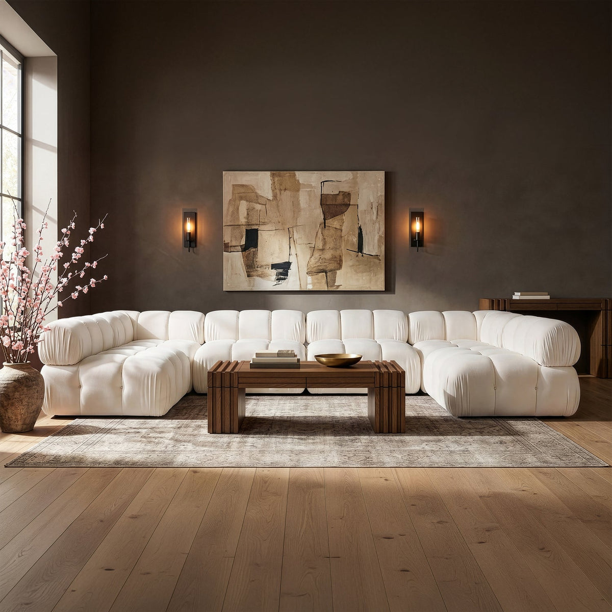Orin Cream Velvet Performance Fabric Upholstered 6 Piece Modular Sectional Sofa