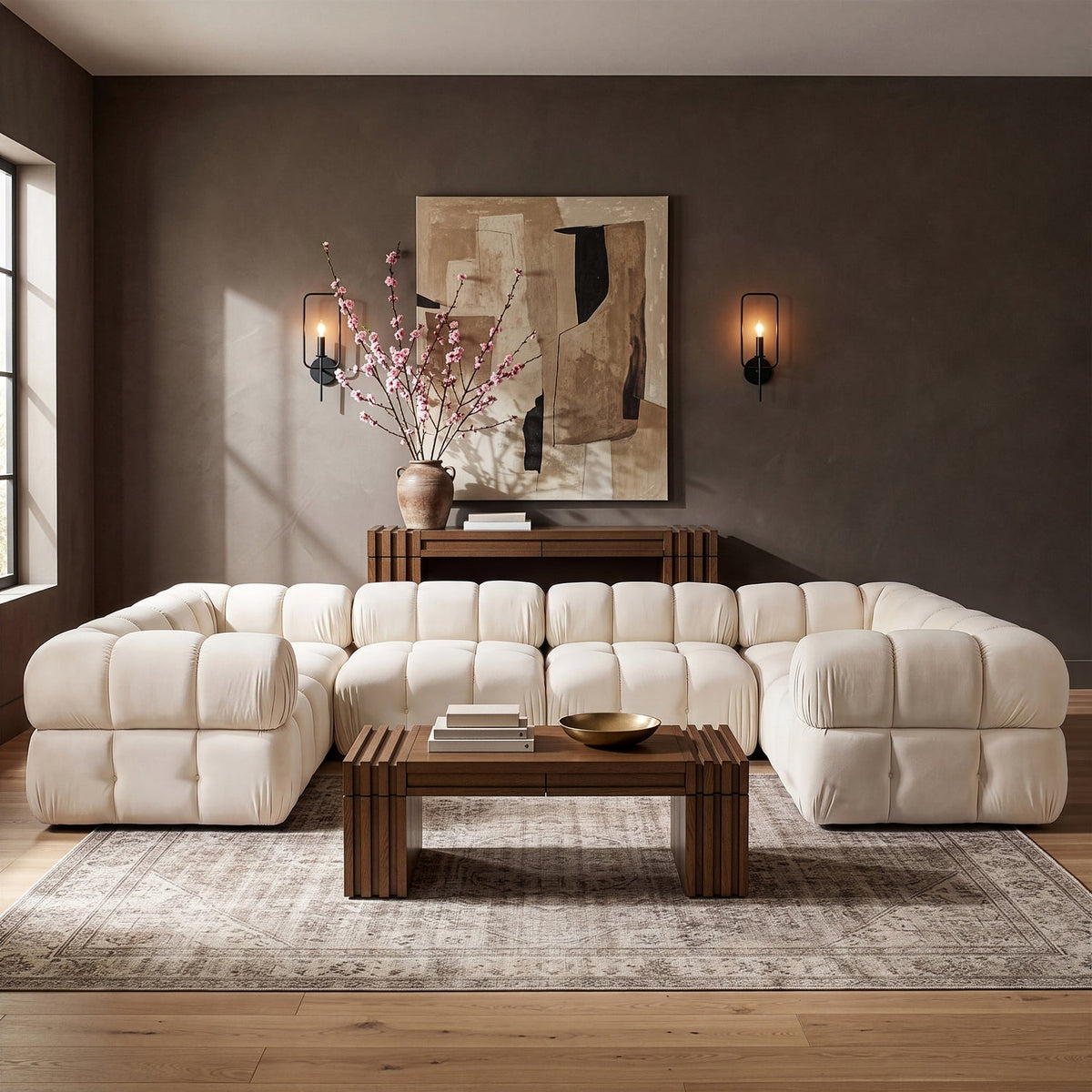 Orin Cream Velvet Performance Fabric Upholstered 6 Piece Modular Sectional Sofa