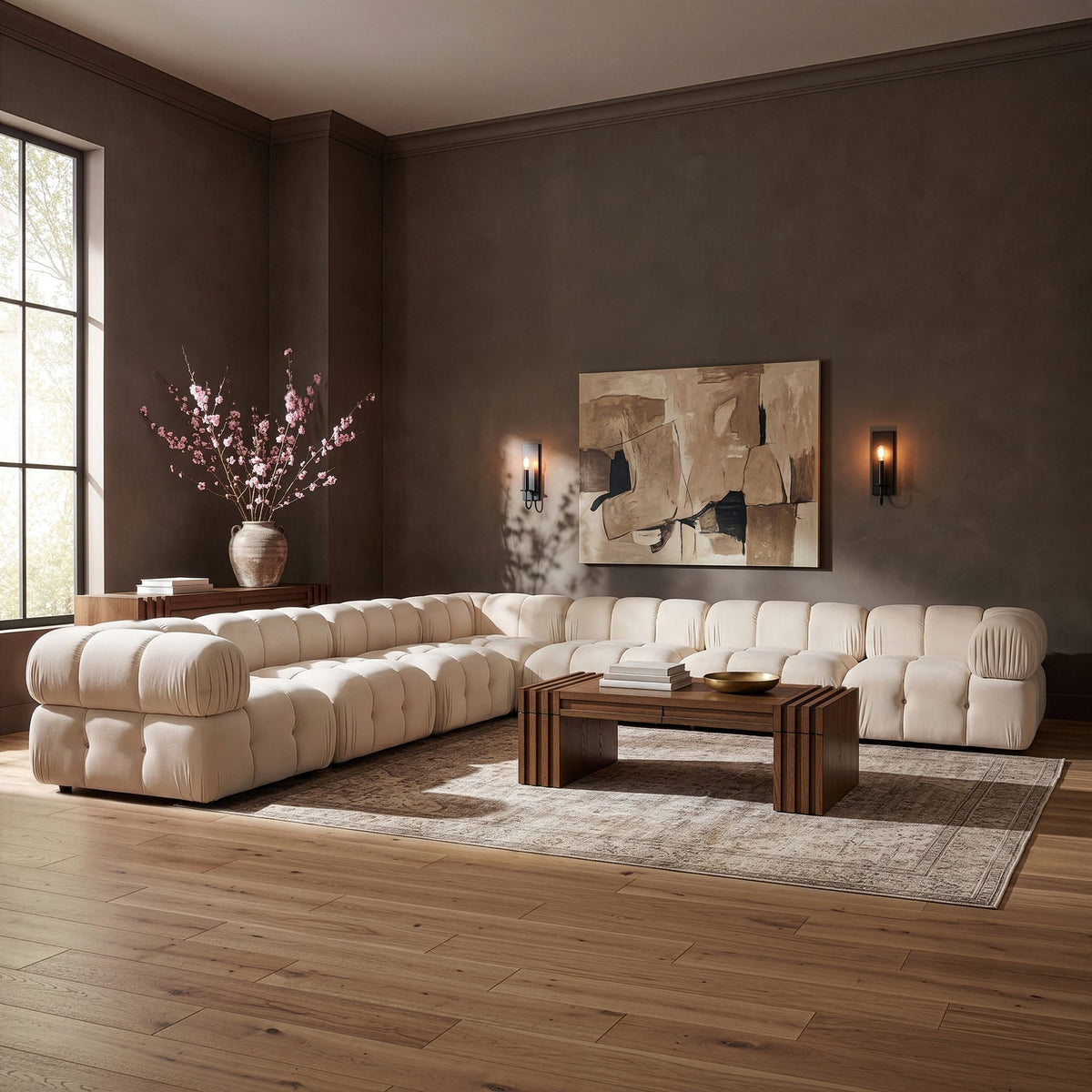 Orin Cream Velvet Performance Fabric Upholstered 7 Piece Modular Sectional Sofa