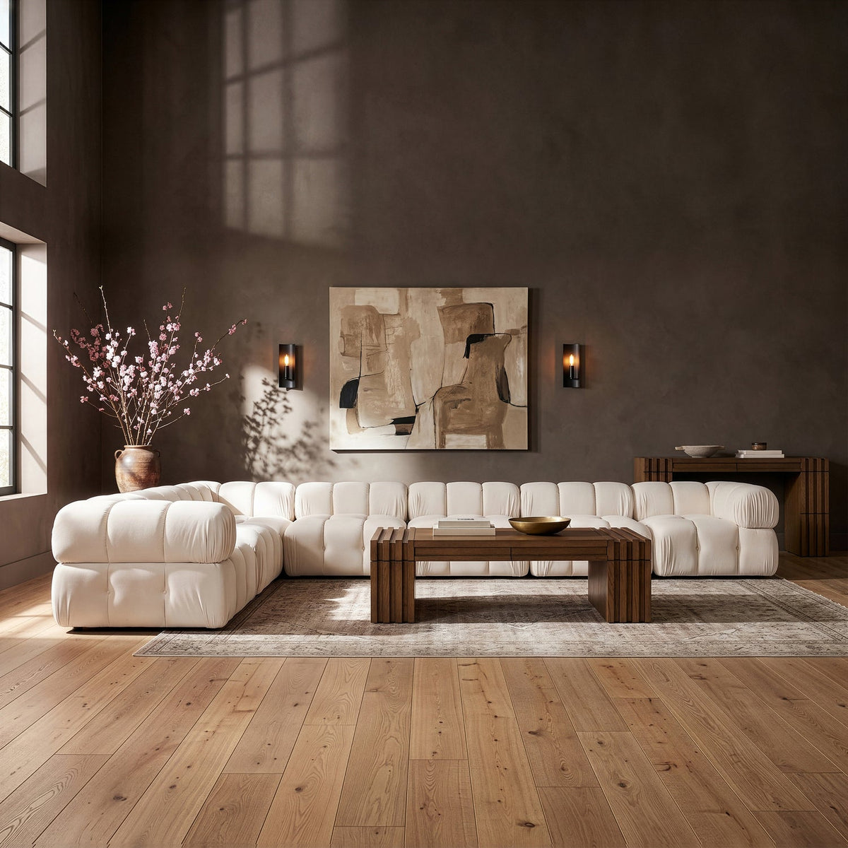 Orin Cream Velvet Performance Fabric Upholstered 7 Piece Modular Sectional Sofa