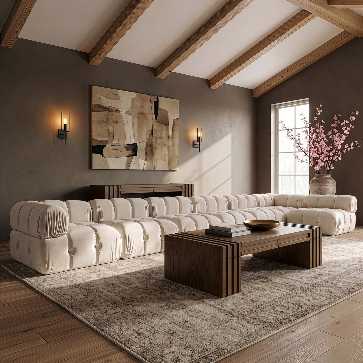 Orin Cream Velvet Performance Fabric Upholstered 7 Piece Modular Sectional Sofa
