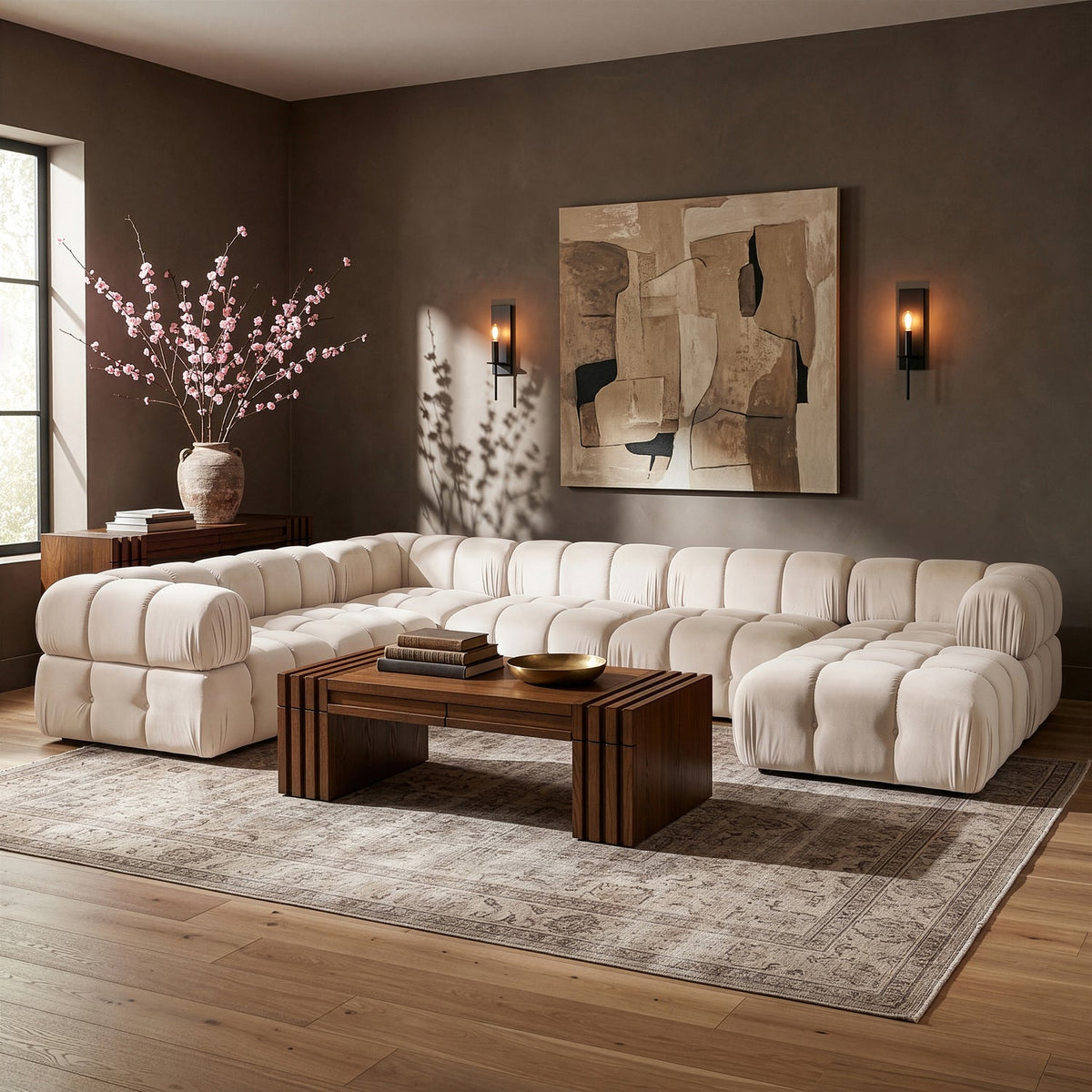 Orin Cream Velvet Performance Fabric Upholstered 7 Piece Modular Sectional Sofa