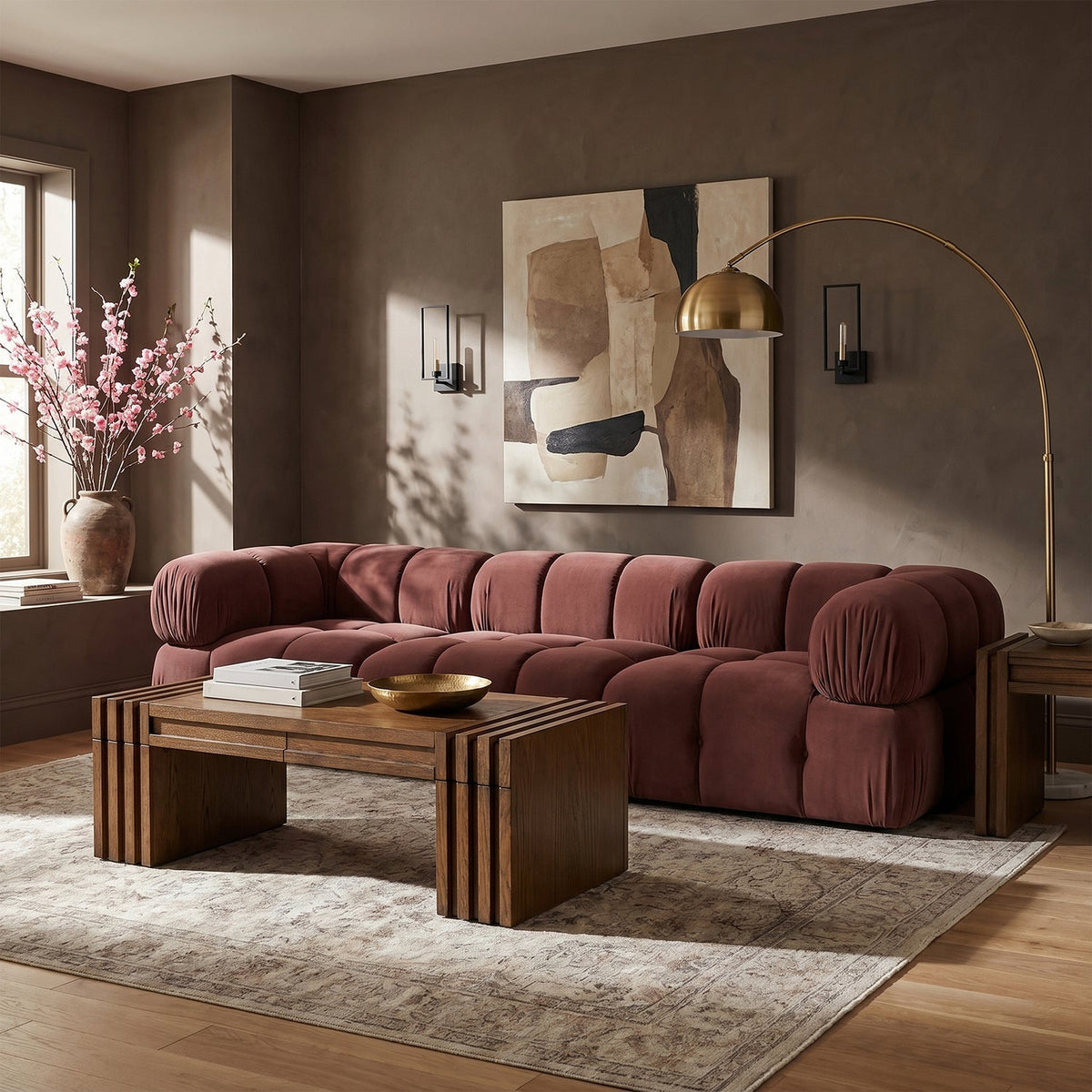 Orin Rose Velvet Performance Fabric Upholstered 3 Piece Modular Sofa