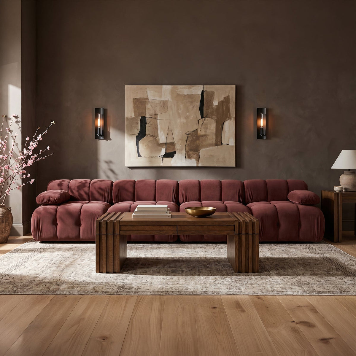 Orin Rose Velvet Performance Fabric Upholstered 4 Piece Modular Sofa