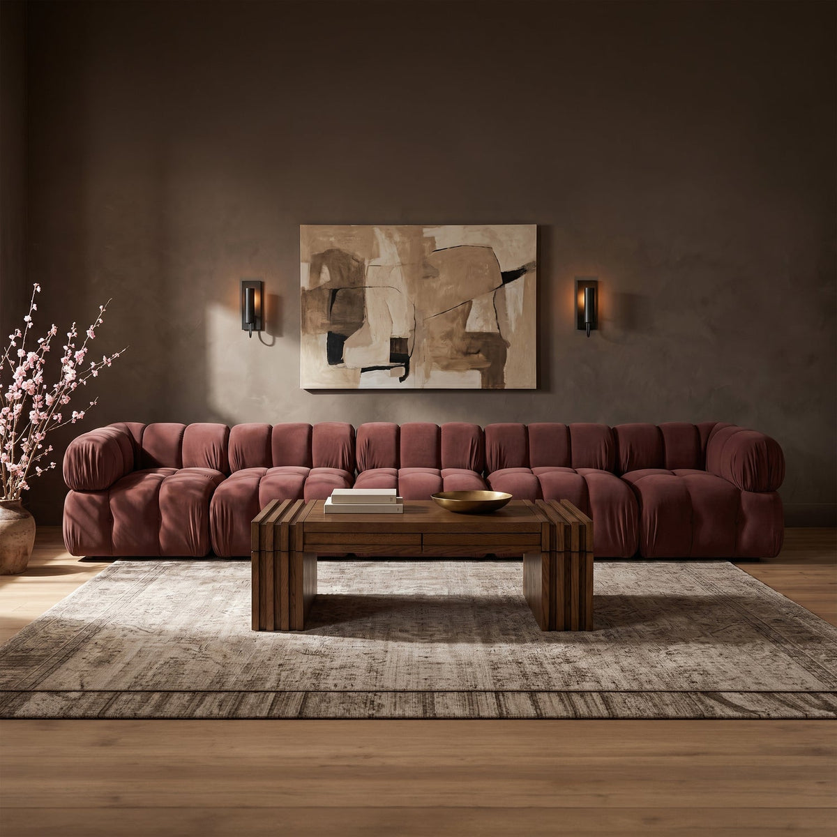 Orin Rose Velvet Performance Fabric Upholstered 5 Piece Modular Sofa
