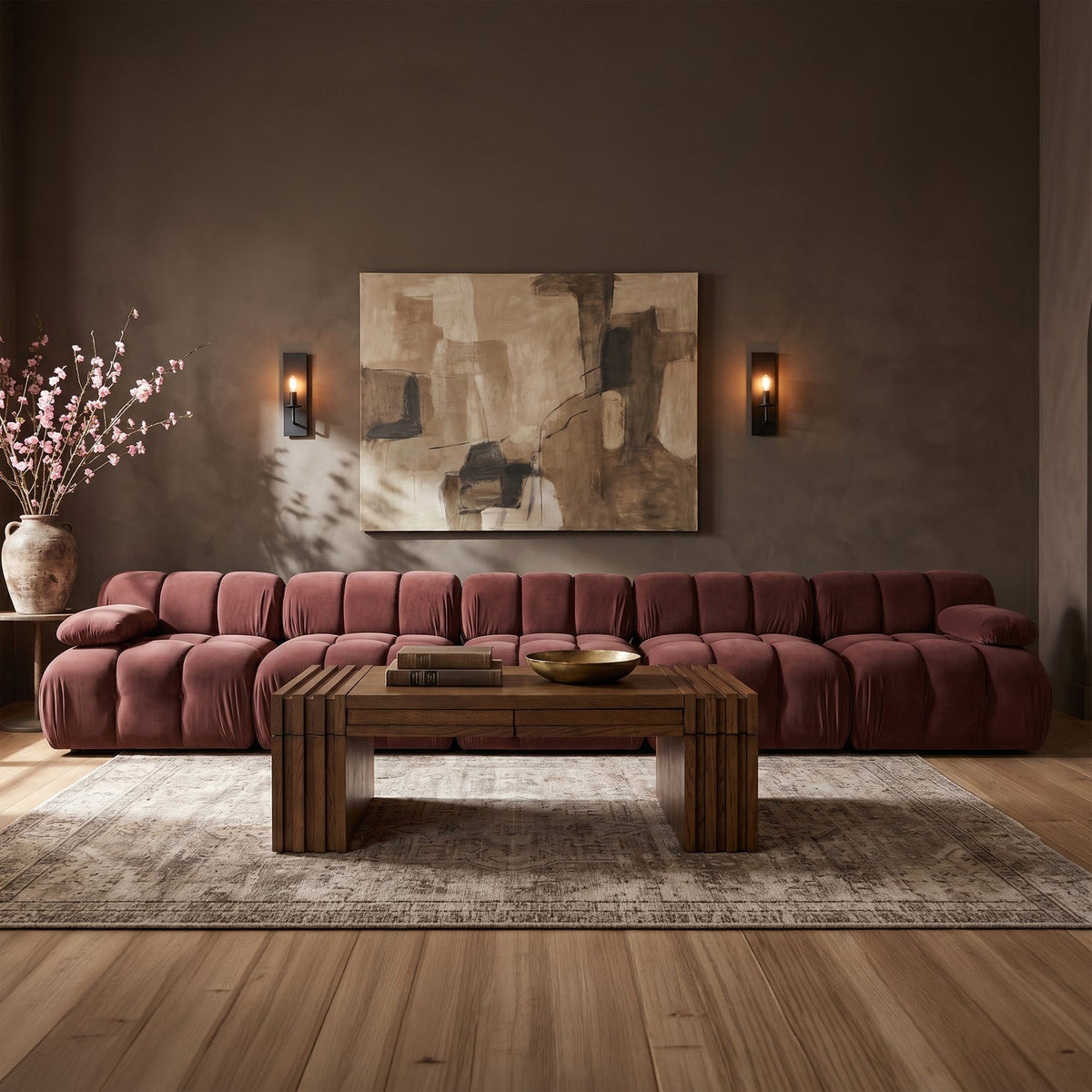 Orin Rose Velvet Performance Fabric Upholstered 5 Piece Modular Sofa