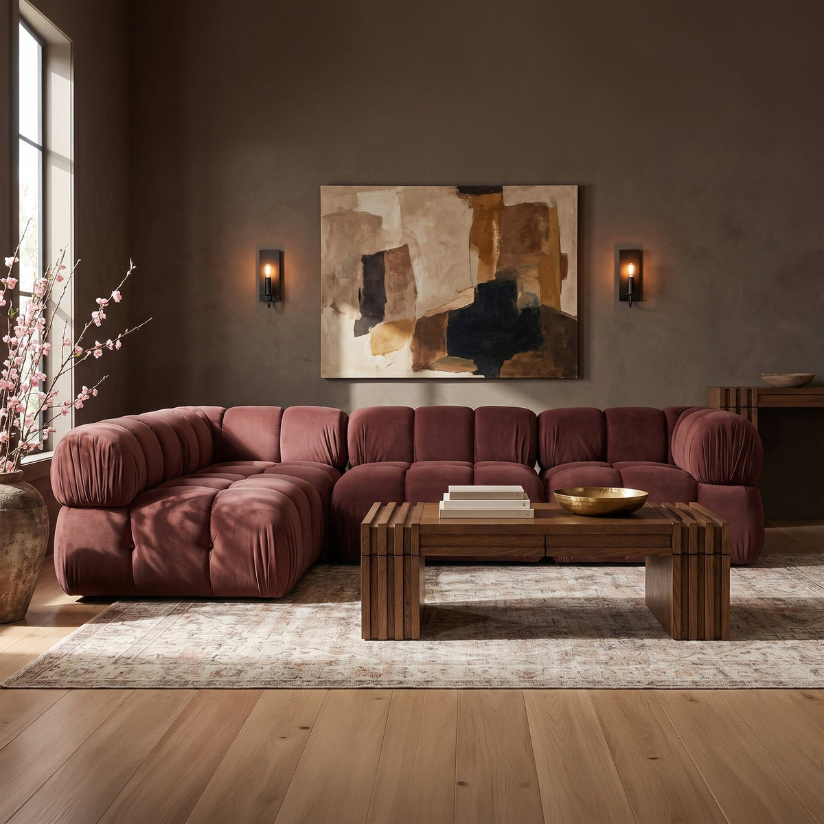 Orin Rose Velvet Performance Fabric Upholstered 4 Piece Modular Sectional Sofa