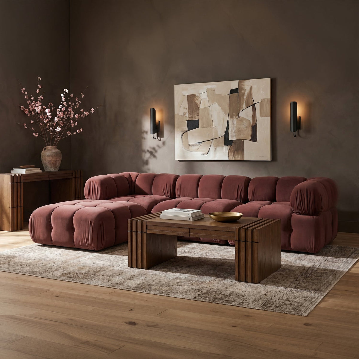 Orin Rose Velvet Performance Fabric Upholstered 4 Piece Modular Sectional Sofa
