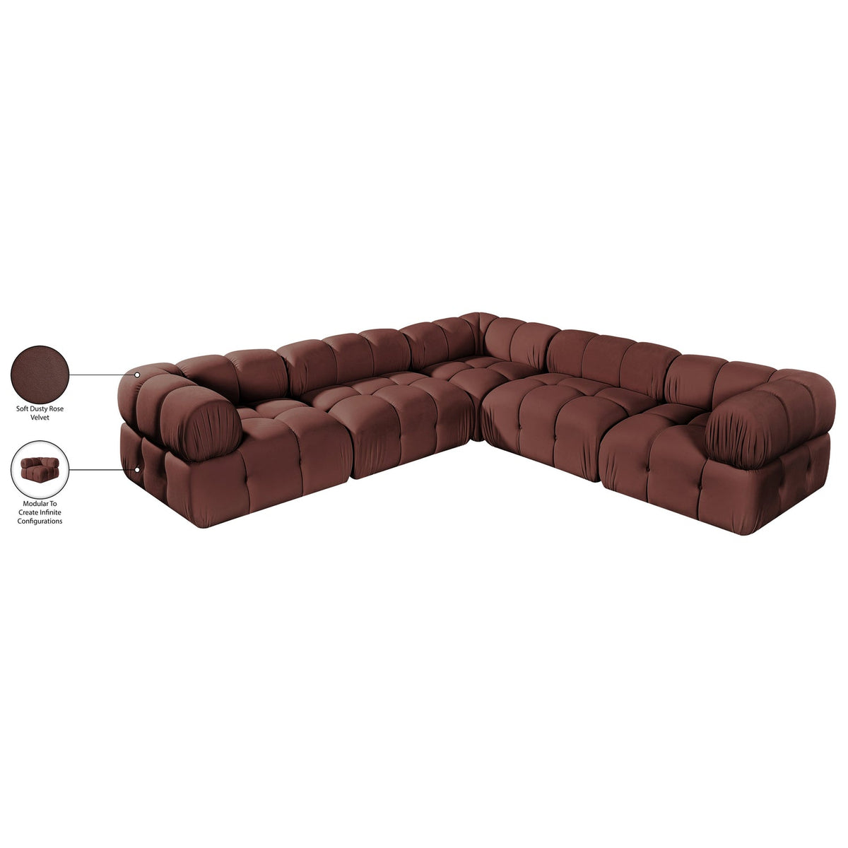 Orin Rose Velvet Performance Fabric Upholstered 5 Piece Modular Sectional Sofa