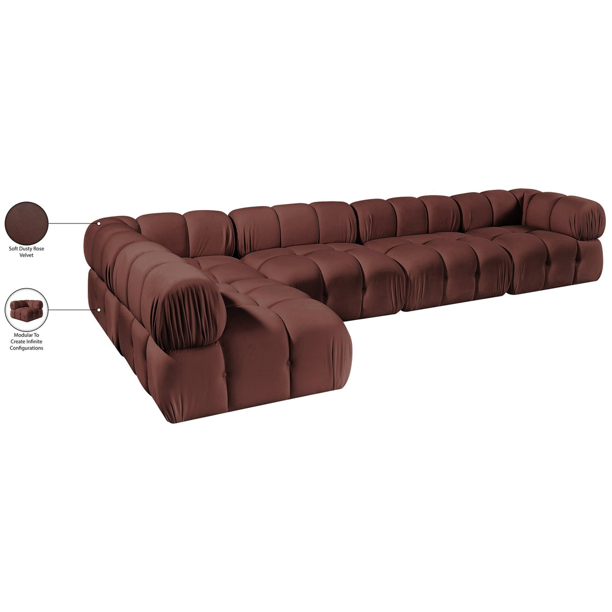 Orin Rose Velvet Performance Fabric Upholstered 5 Piece Modular Sectional Sofa