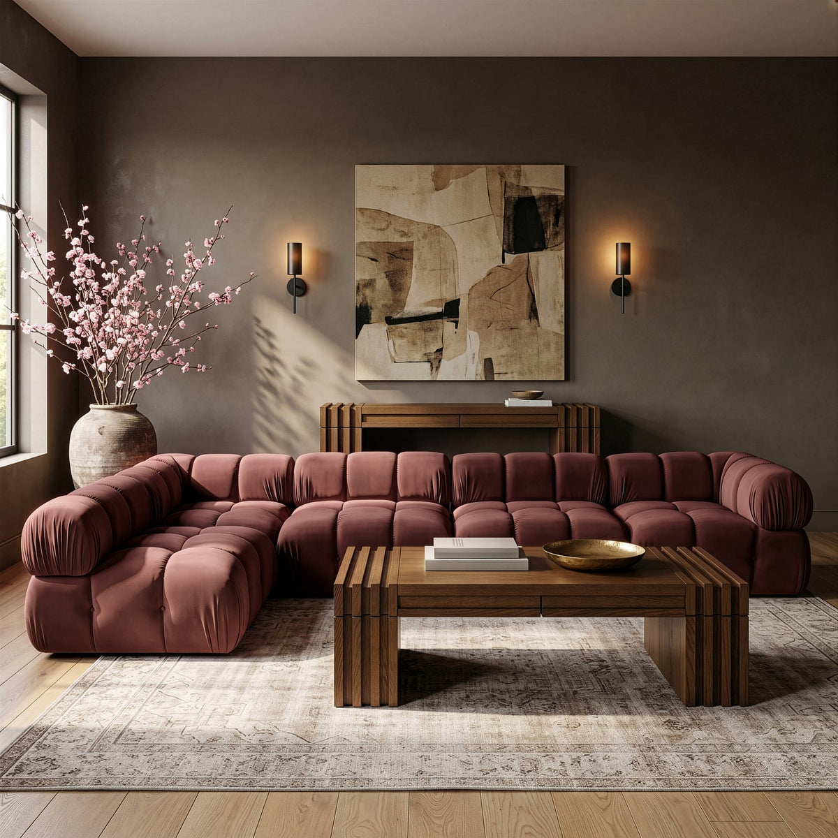 Orin Rose Velvet Performance Fabric Upholstered 5 Piece Modular Sectional Sofa