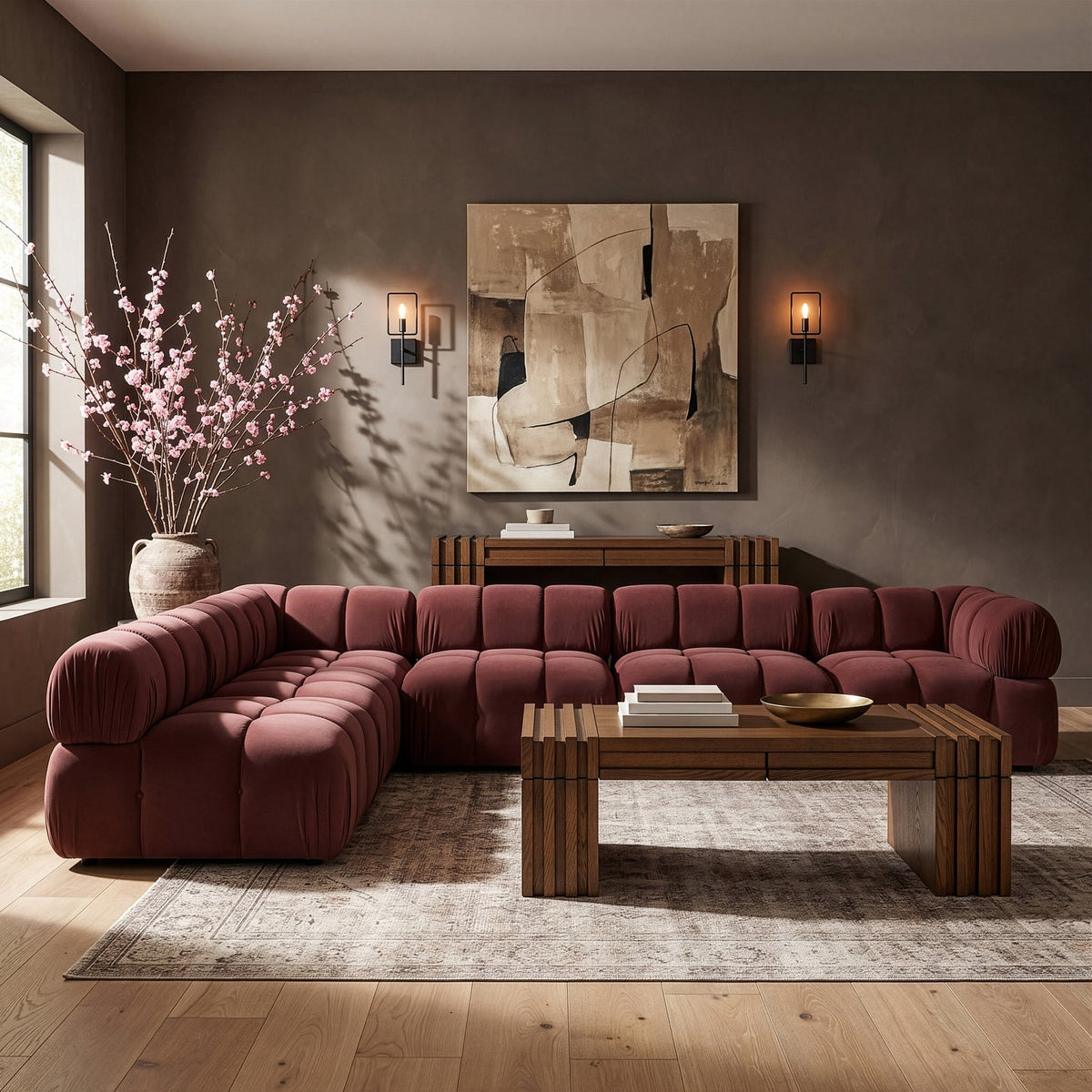 Orin Rose Velvet Performance Fabric Upholstered 6 Piece Modular Sectional Sofa