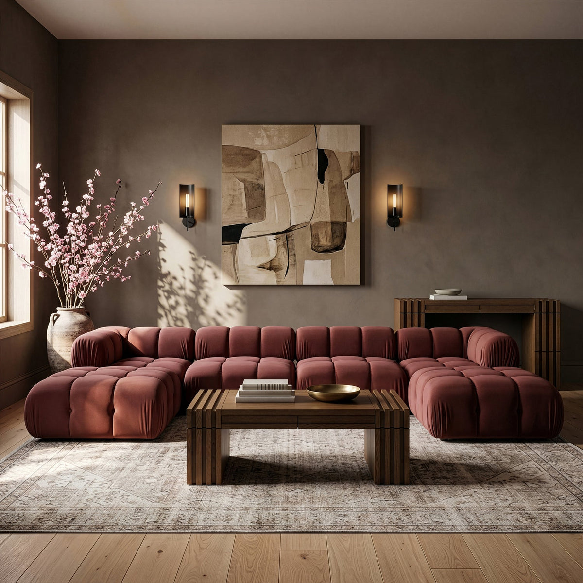 Orin Rose Velvet Performance Fabric Upholstered 6 Piece Modular Sectional Sofa