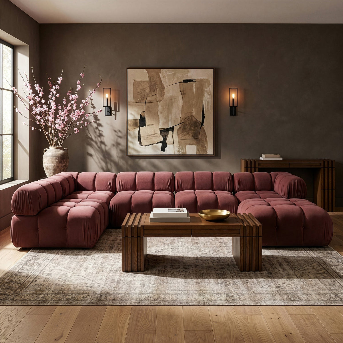 Orin Rose Velvet Performance Fabric Upholstered 6 Piece Modular Sectional Sofa
