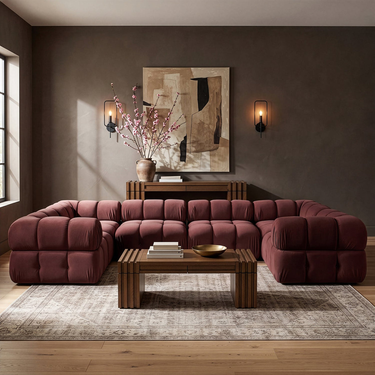 Orin Rose Velvet Performance Fabric Upholstered 6 Piece Modular Sectional Sofa