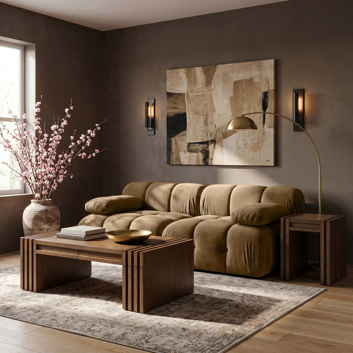 Orin Saddle Velvet Performance Fabric Upholstered 2 Piece Modular Sofa