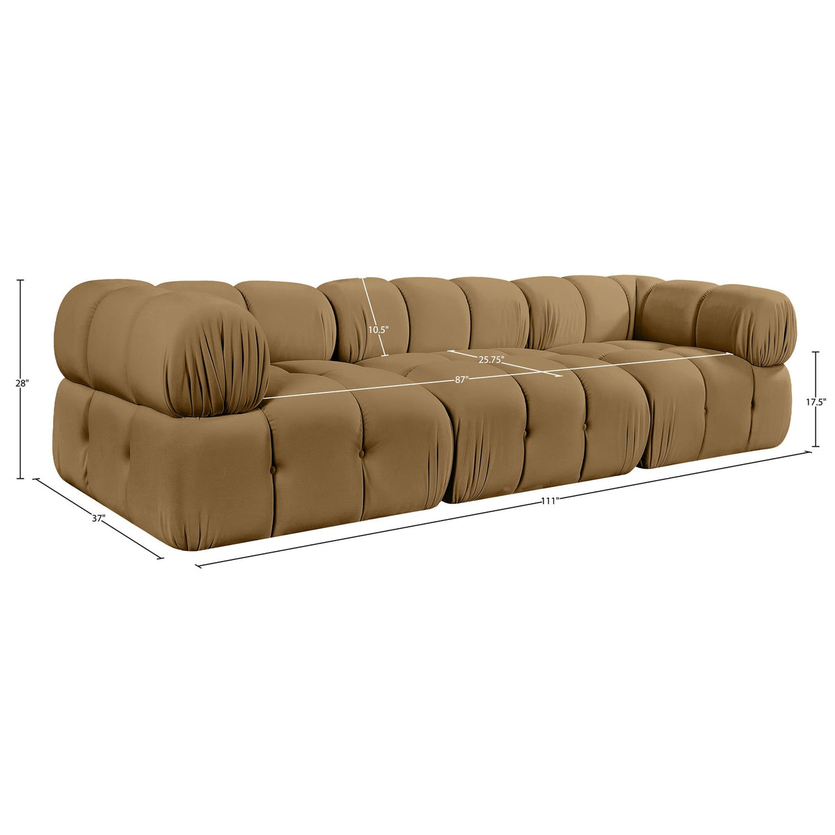 Orin Saddle Velvet Performance Fabric Upholstered 3 Piece Modular Sofa