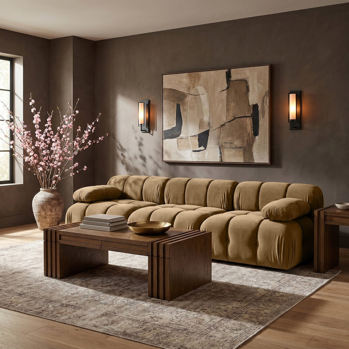 Orin Saddle Velvet Performance Fabric Upholstered 3 Piece Modular Sofa