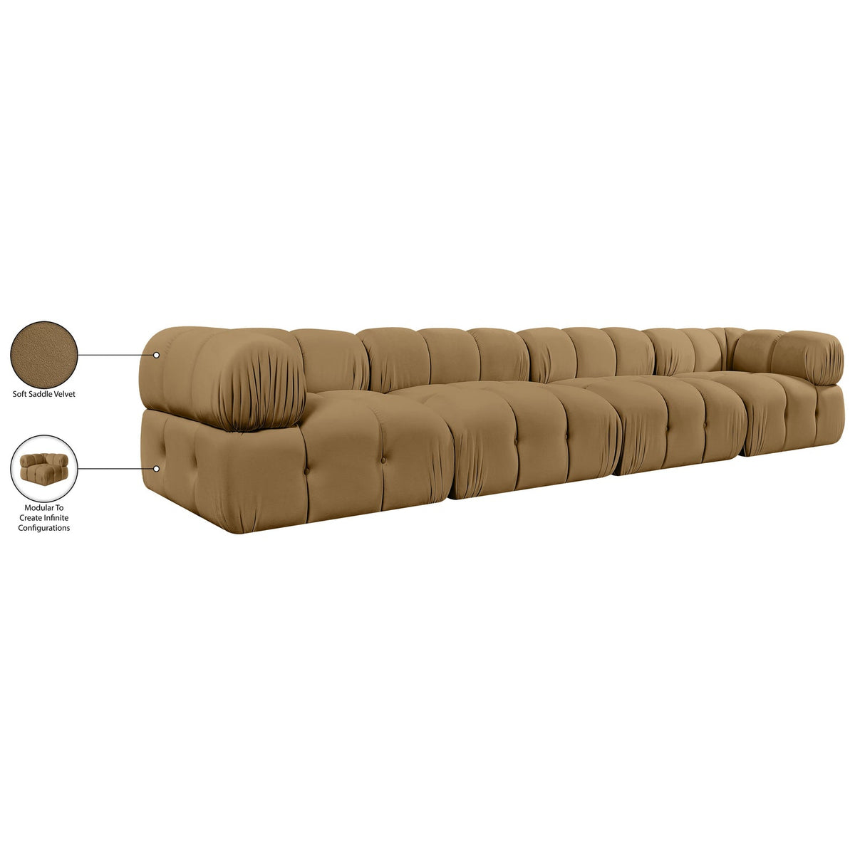 Orin Saddle Velvet Performance Fabric Upholstered 4 Piece Modular Sofa