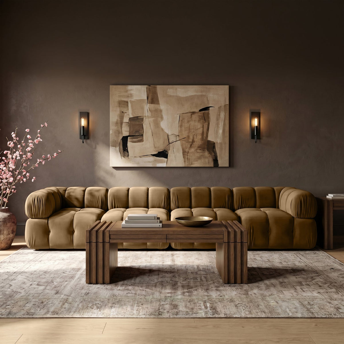 Orin Saddle Velvet Performance Fabric Upholstered 4 Piece Modular Sofa