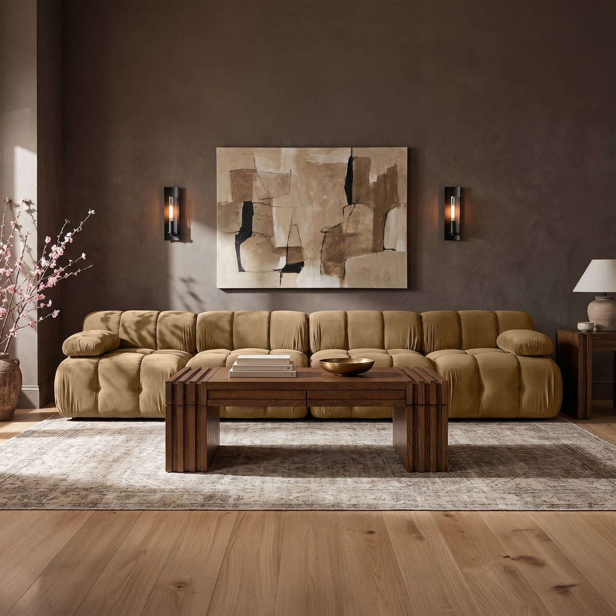 Orin Saddle Velvet Performance Fabric Upholstered 4 Piece Modular Sofa