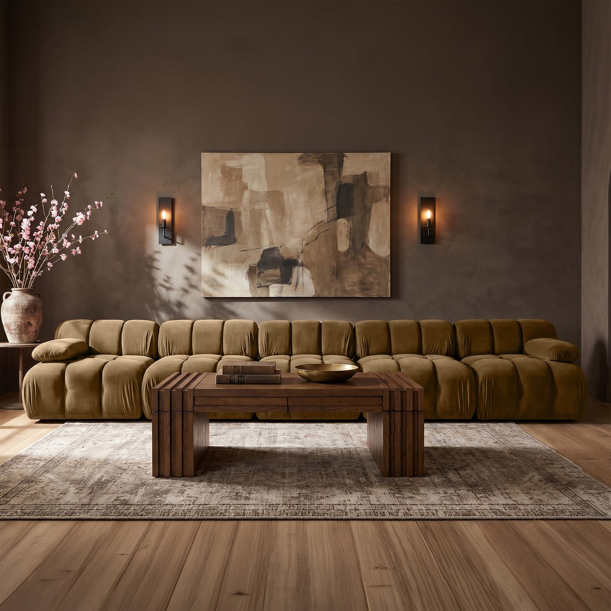 Orin Saddle Velvet Performance Fabric Upholstered 5 Piece Modular Sofa