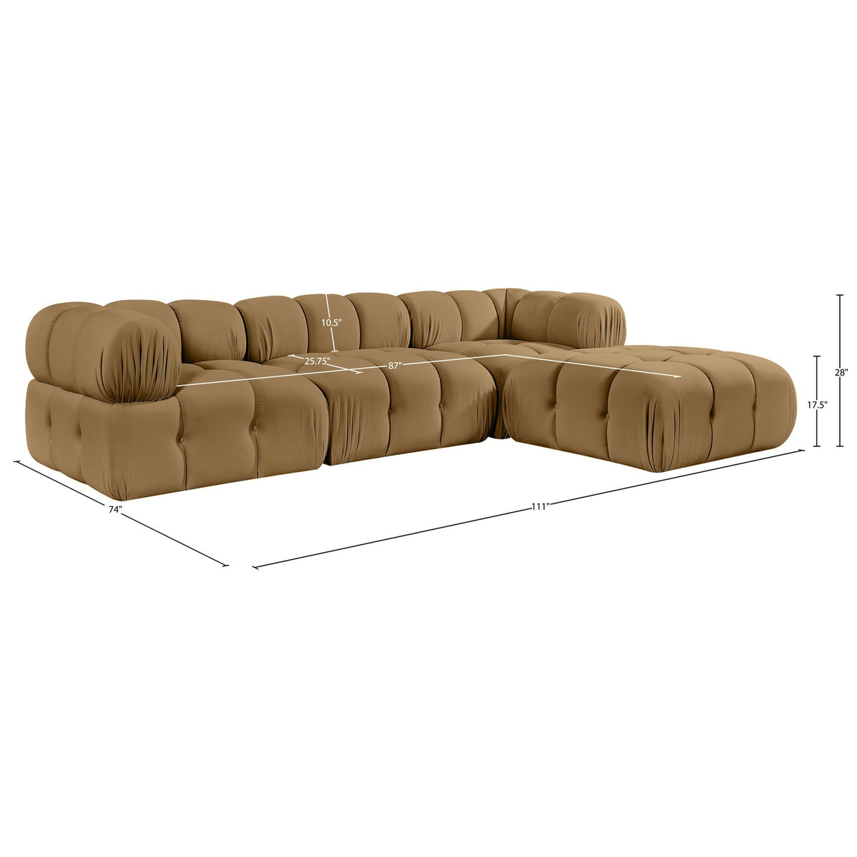 Orin Saddle Velvet Performance Fabric Upholstered 4 Piece Modular Sectional Sofa