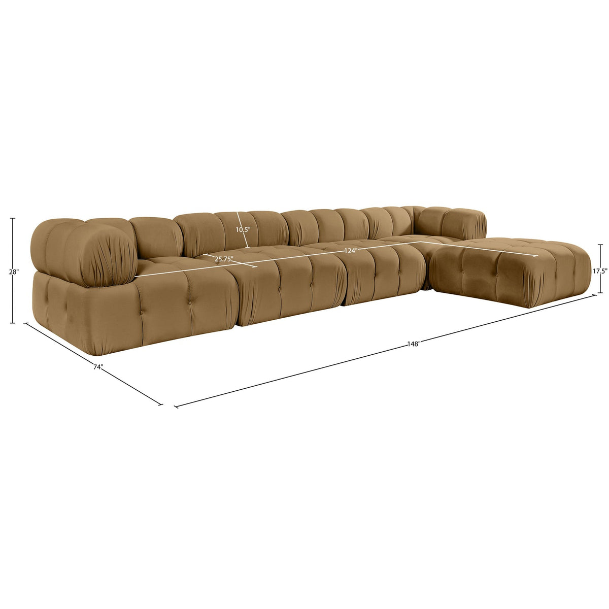 Orin Saddle Velvet Performance Fabric Upholstered 5 Piece Modular Sectional Sofa
