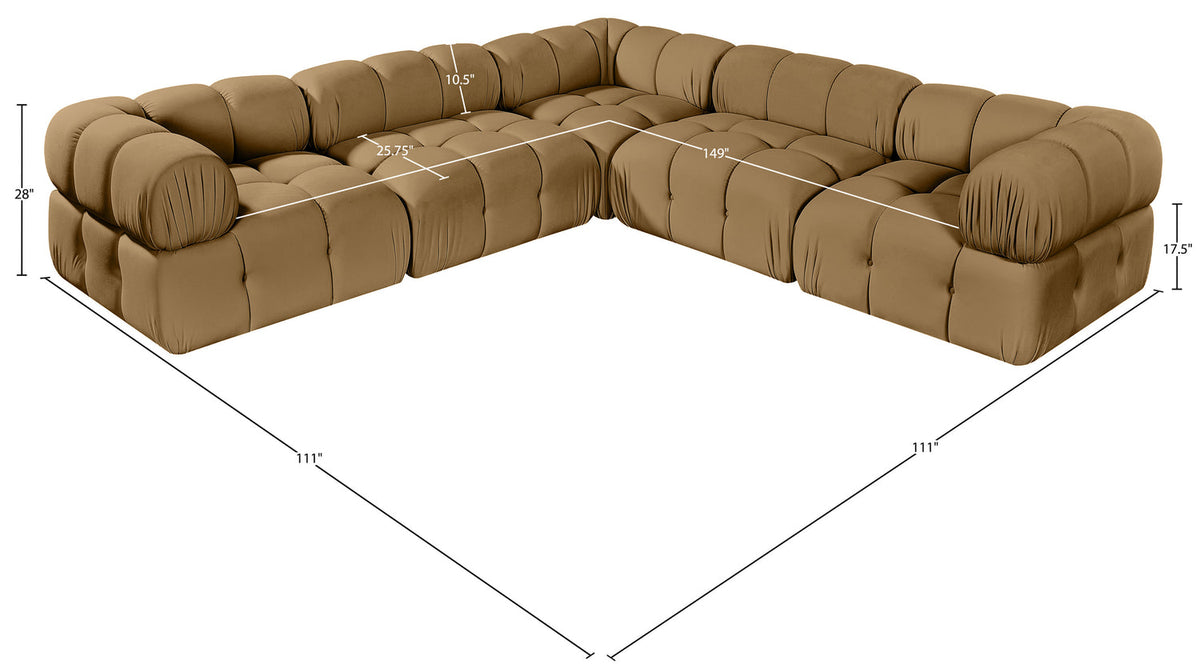 Orin Saddle Velvet Performance Fabric Upholstered 5 Piece Modular Sectional Sofa
