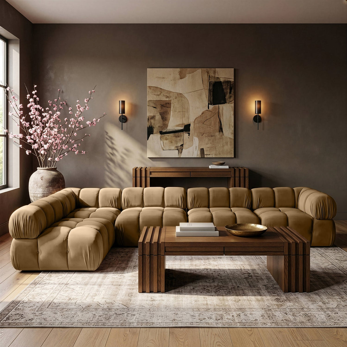 Orin Saddle Velvet Performance Fabric Upholstered 5 Piece Modular Sectional Sofa