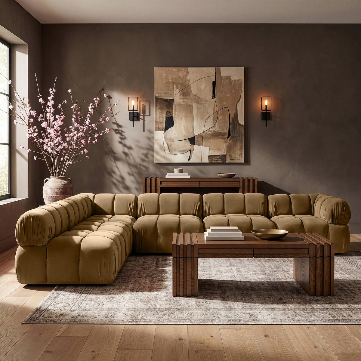 Orin Saddle Velvet Performance Fabric Upholstered 6 Piece Modular Sectional Sofa