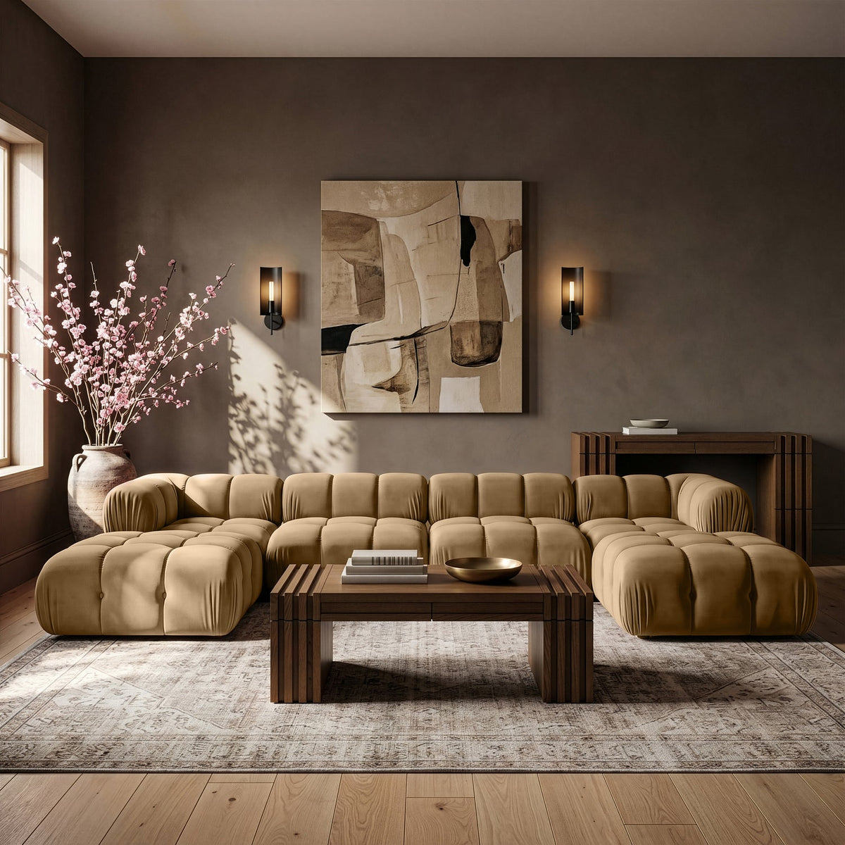 Orin Saddle Velvet Performance Fabric Upholstered 6 Piece Modular Sectional Sofa