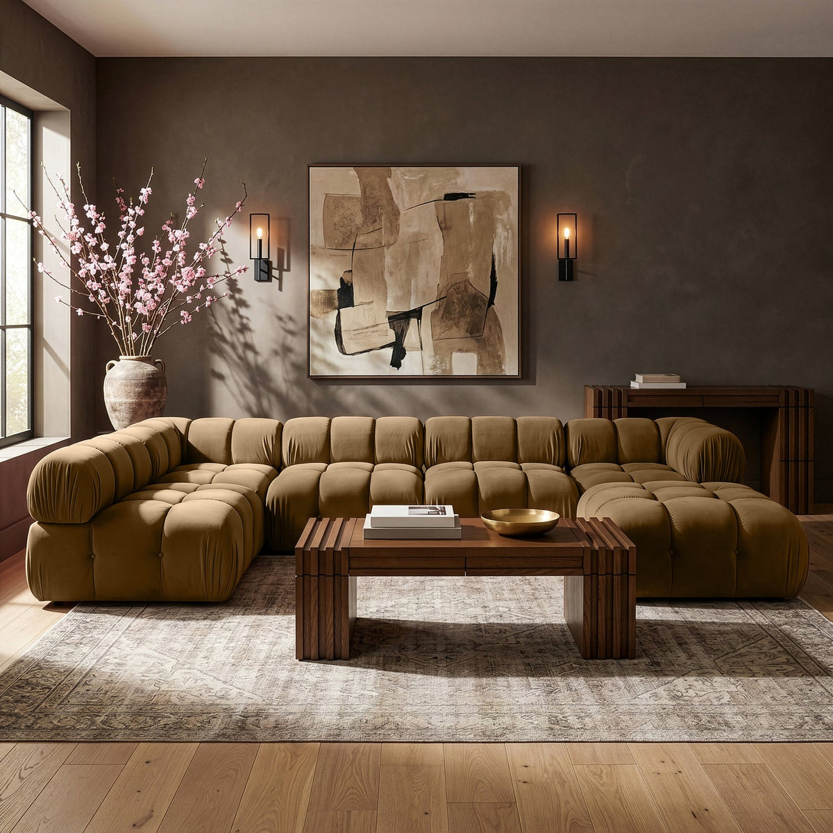 Orin Saddle Velvet Performance Fabric Upholstered 6 Piece Modular Sectional Sofa