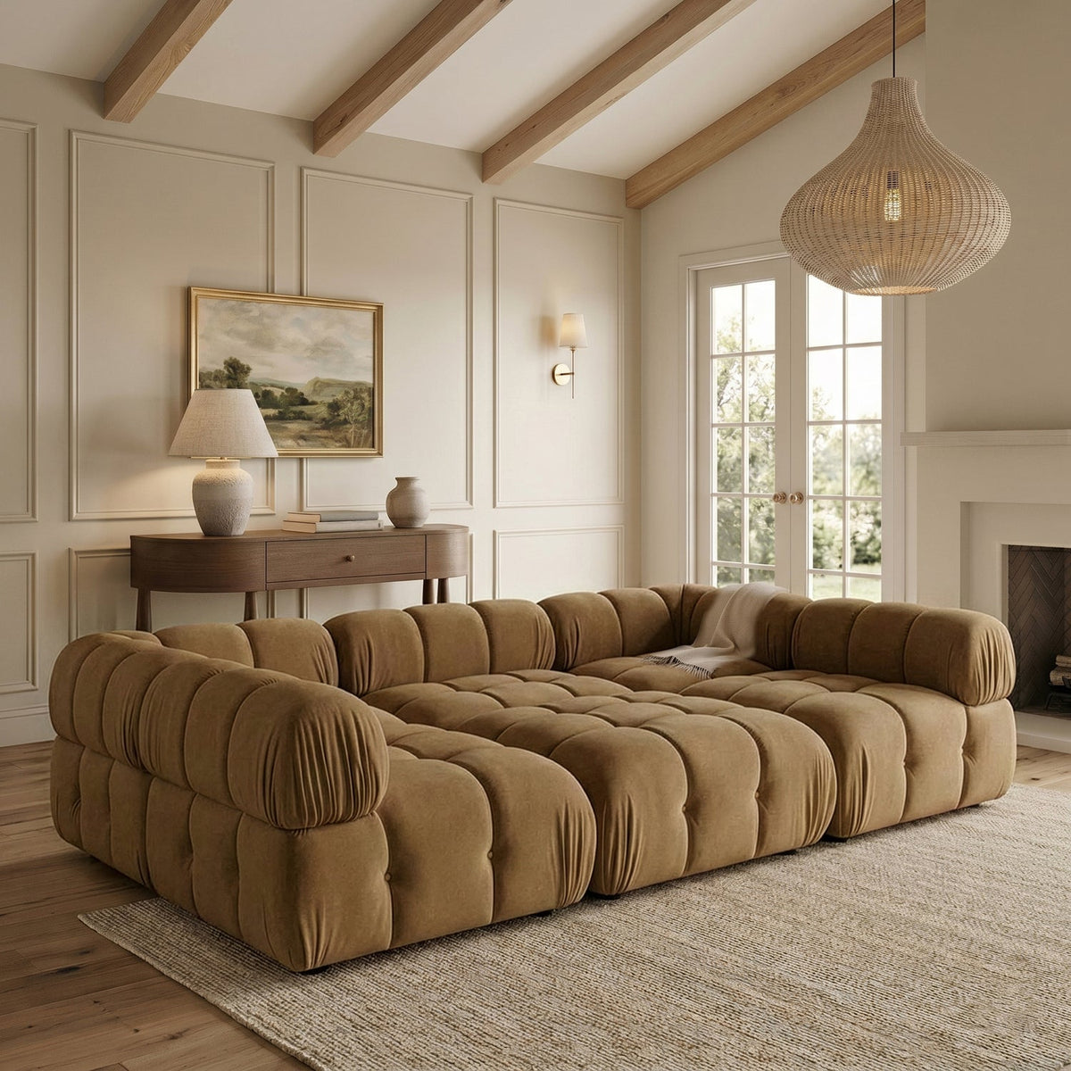 Orin Saddle Velvet Performance Fabric Upholstered 6 Piece Modular Sectional Sofa