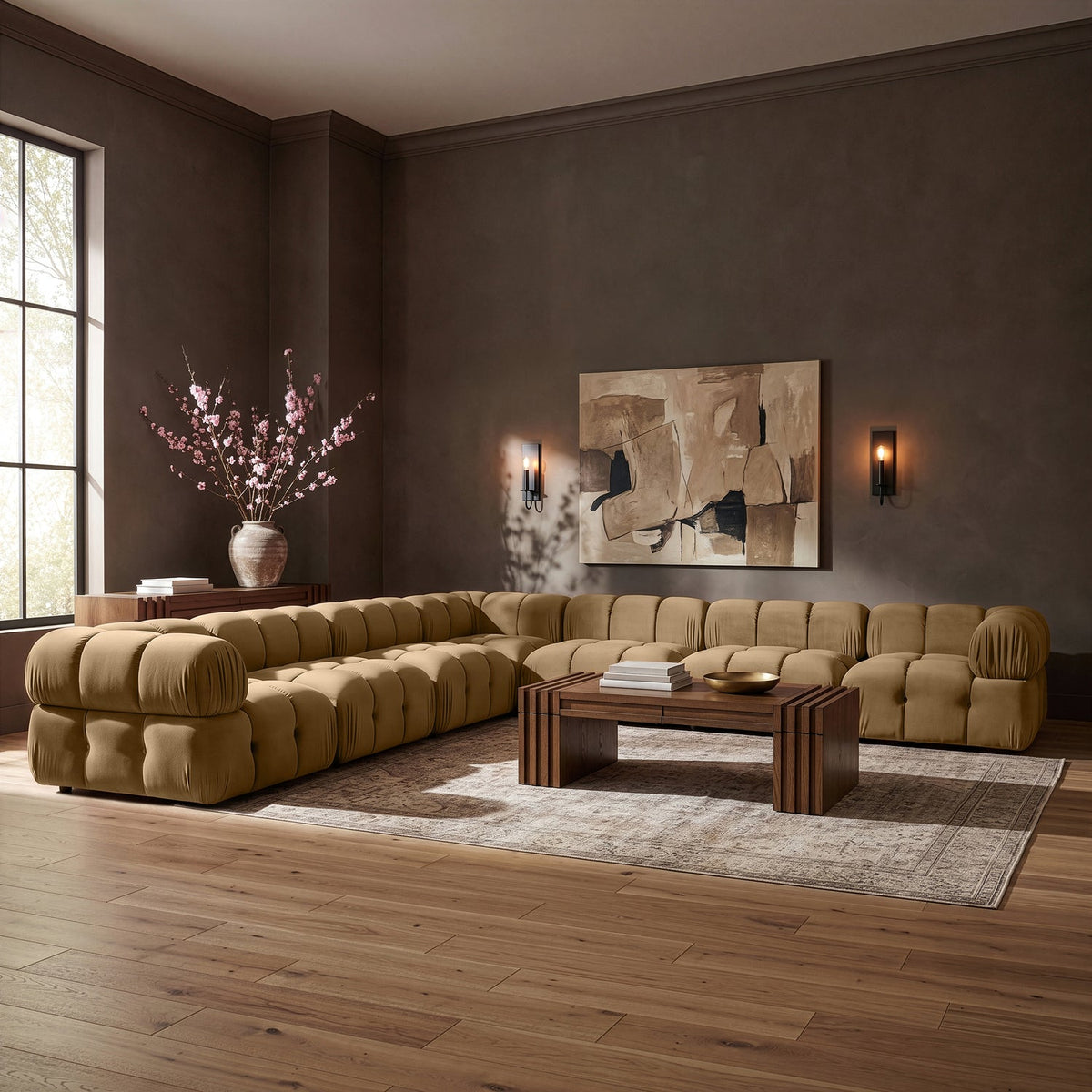 Orin Saddle Velvet Performance Fabric Upholstered 7 Piece Modular Sectional Sofa
