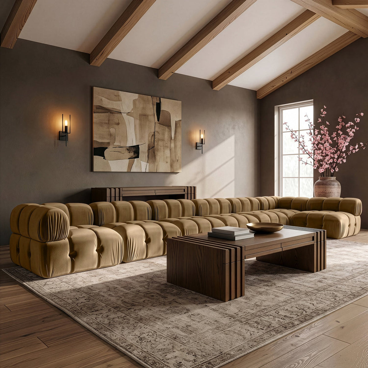 Orin Saddle Velvet Performance Fabric Upholstered 7 Piece Modular Sectional Sofa
