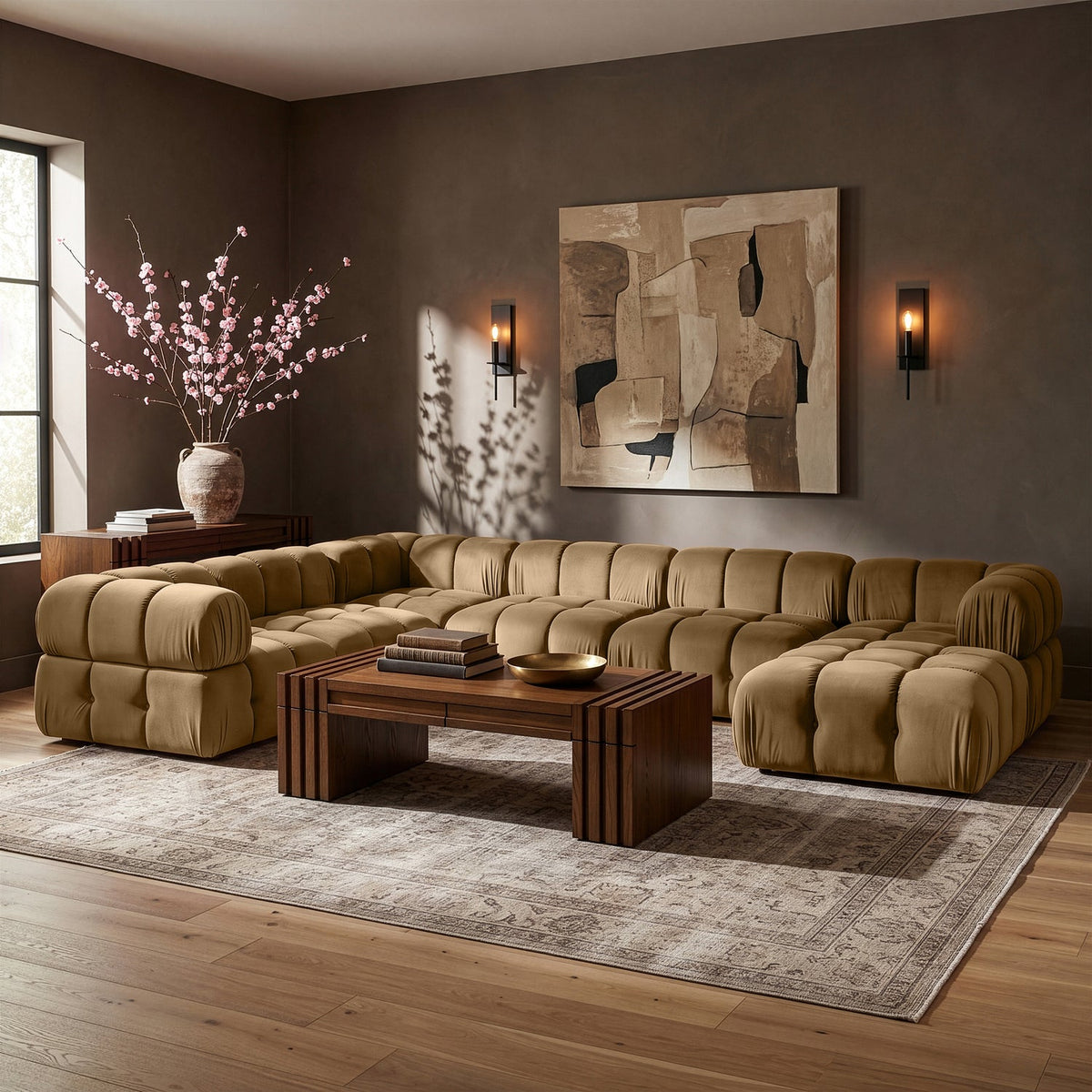 Orin Saddle Velvet Performance Fabric Upholstered 7 Piece Modular Sectional Sofa