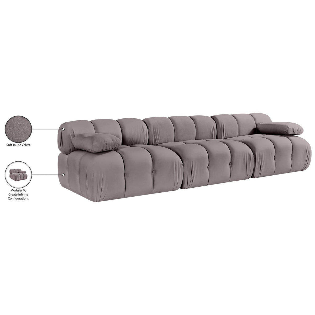 Orin Taupe Velvet Performance Fabric Upholstered 3 Piece Modular Sofa