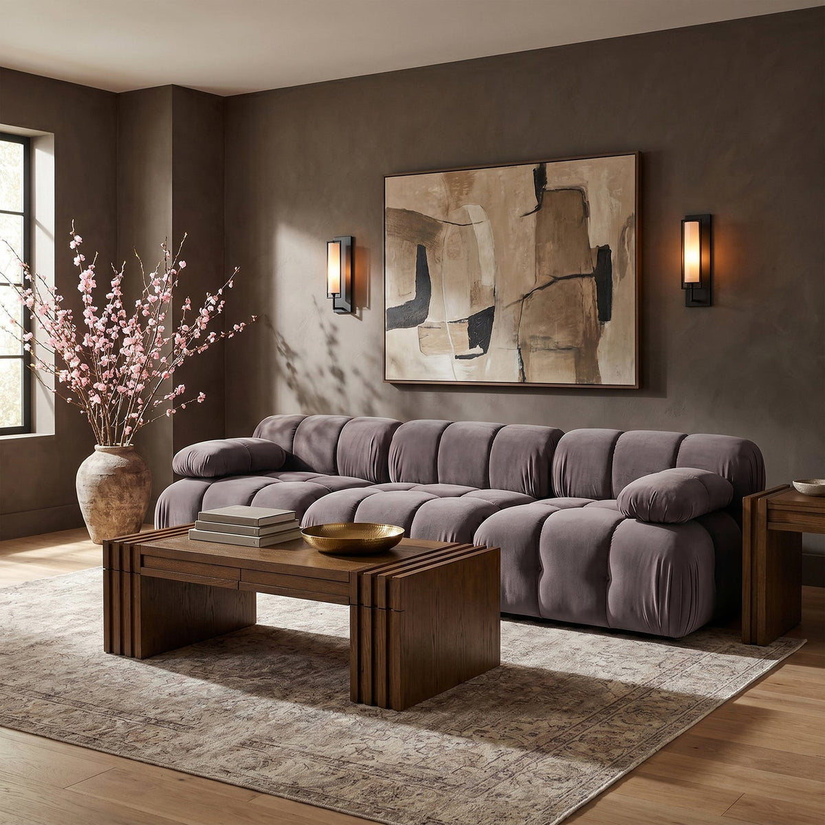 Orin Taupe Velvet Performance Fabric Upholstered 3 Piece Modular Sofa