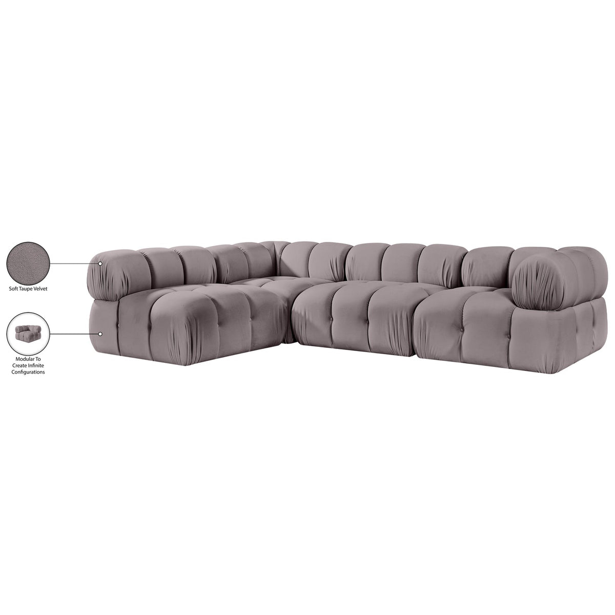 Orin Taupe Velvet Performance Fabric Upholstered 4 Piece Modular Sectional Sofa