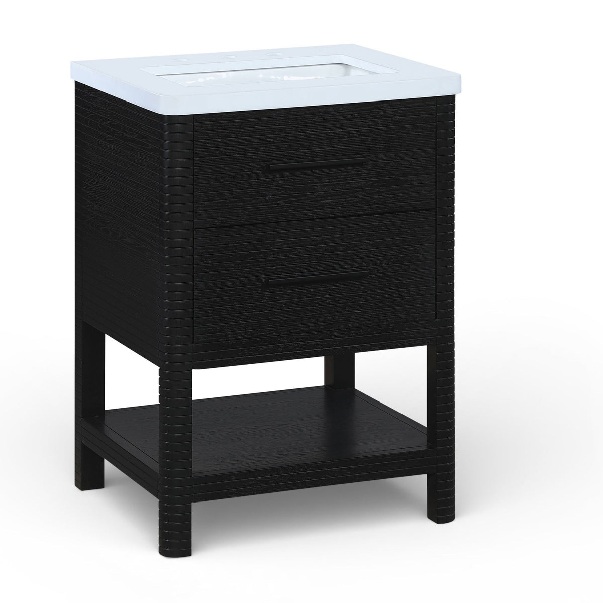 Oakwell 24" Black Engineered Stone And Solid Wood Bathroom Vanity in rich black wood, white stone top, primary product view