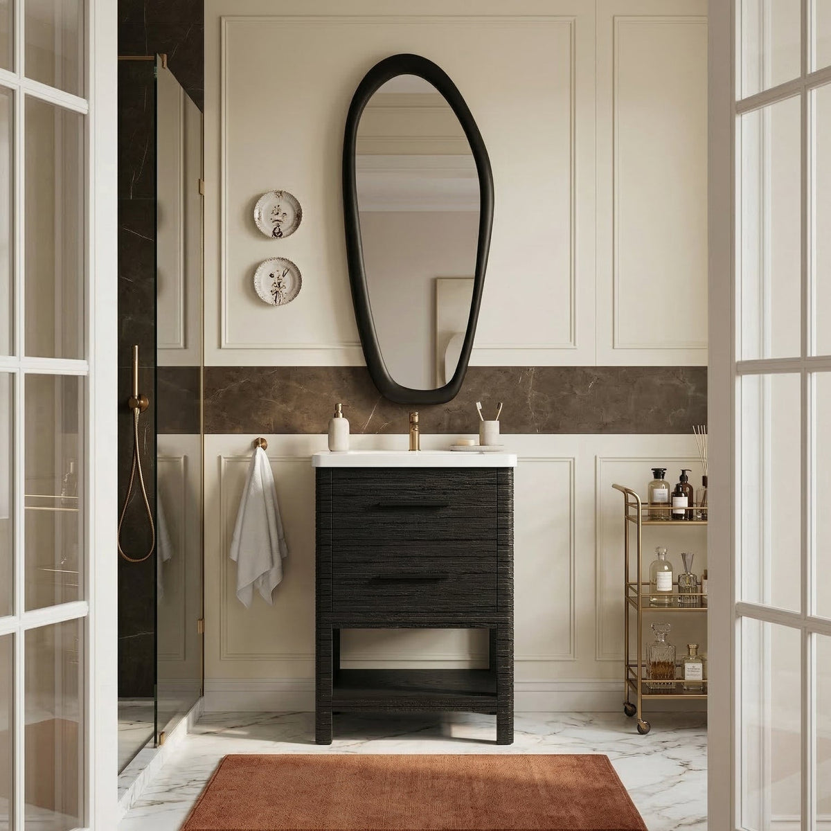 Oakwell 24in Black Engineered Stone And Solid Wood Bathroom Vanity