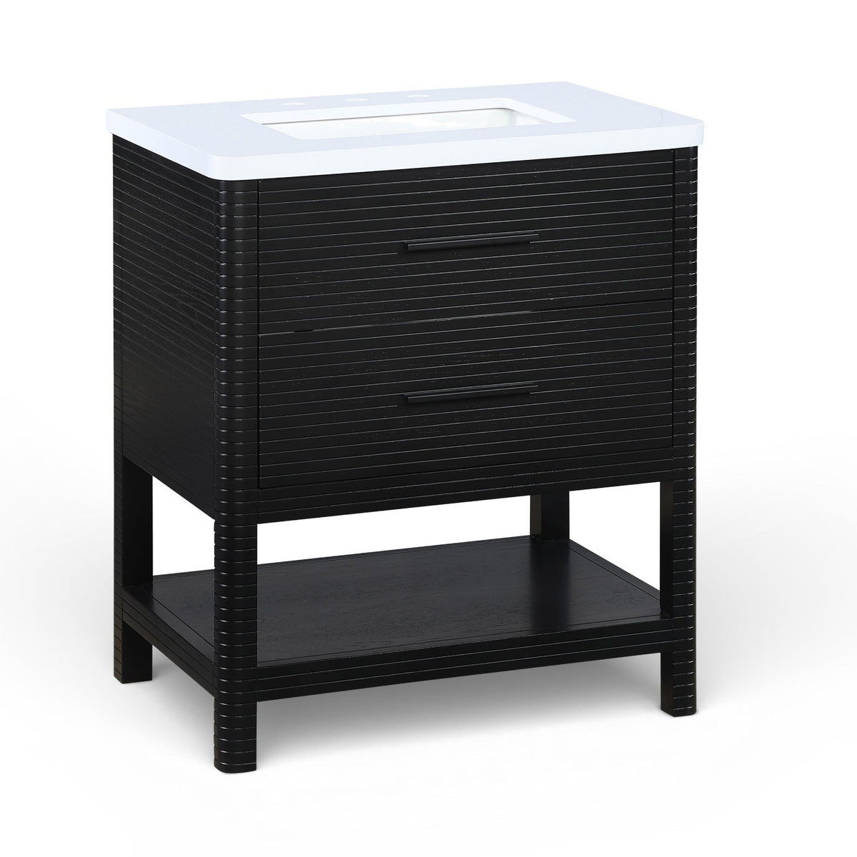 Oakwell 30" Black Engineered Stone And Solid Wood Bathroom Vanity in rich black wood, white stone top, primary product view